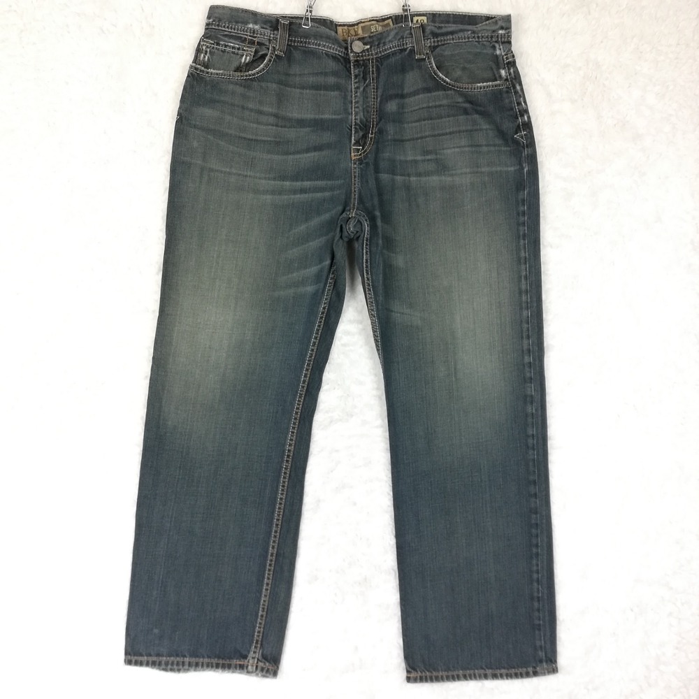 BKE Mens Jeans Seth Straight Leg Blue Denim Relaxed Dark Wash Whiskering 40x32